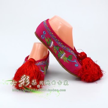 新款戲曲古裝戲劇用品京劇粵劇歌仔戲繡花鞋紅藍色彩鞋平底花旦鞋