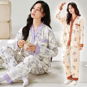 【藍尼居家】★印花開襟衫胸墊家居服睡衣(女睡衣/家居服/舒適/兩件式)