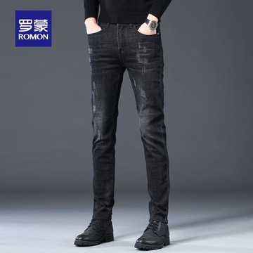 羅蒙黑色牛仔褲男士潮牌修身小腳秋季2025新款高端休閑長褲子男褲