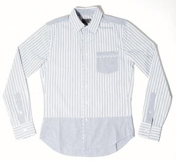 條紋 拼接 藍白 長袖襯衫