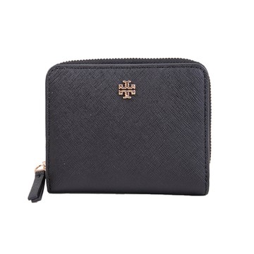 TORY BURCH Emerson 金屬LOGO 防刮皮革釦式拉鍊短夾(黑色)