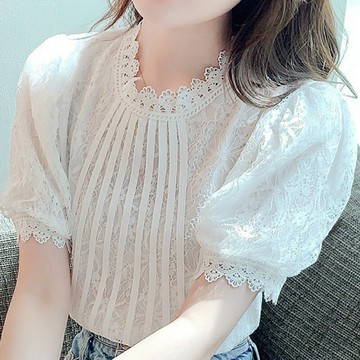 【巴黎精品】現貨+預購 女雪紡上衣短袖襯衫法式名媛氣質OL西裝蕾絲休閒女裝-短袖蕾絲百搭花邊a1kc48