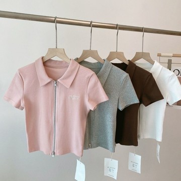 ATL 女童短袖 中大童衣服 兒童上衣Polo領洋氣刺繡t恤女童甜美百搭中大童學生上衣夏季顯瘦拉鏈短袖