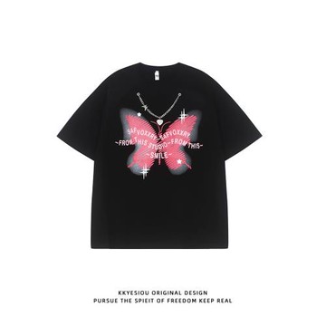 KKyesiou美式復古蝴蝶印花短袖T恤男女慵懶風項鏈設計感情侶體恤