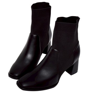 ANNSTAR Connie聯名-可甜可鹽防潑水飛織拼接粗跟短靴6.5cm-黑