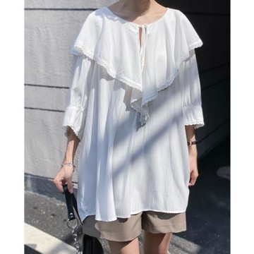 大荷葉娃娃領蝙蝠袖系帶襯衫 天絲棉垂感涼涼顯瘦寬松半袖女9905