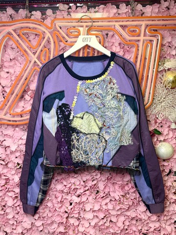 OTT獨一無二•Unique日系夢幻紫色重工刺繡蕾絲手鈎珠片拼花上衣