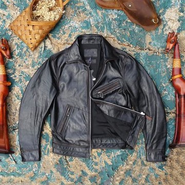 1.2mm茶芯擦色做舊柔化小馬皮！真皮皮衣男穆赫蘭道翻領修身顯瘦