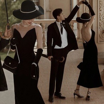 影樓新款復古法式赫本情侶主題寫真攝影服裝絲絨吊帶收腰魚尾禮服