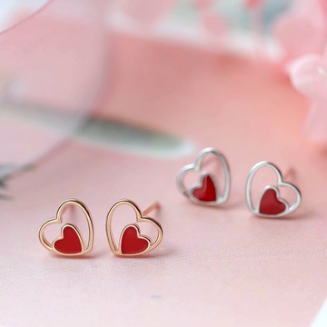 純銀滴釉耳釘女紅色愛心不對稱耳飾簡約日系學生超仙復古桃心耳環1入