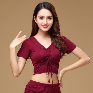 夏季新款肚皮舞服裝短袖上衣成人舞蹈練功服運動跑步服瑜伽服上衣