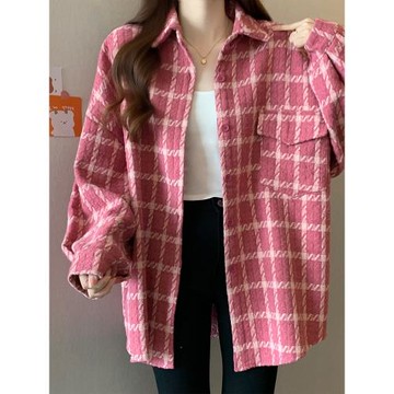 大碼多巴胺粉色格子外套女秋季巨好看的胖mm高級感中長款襯衫上衣