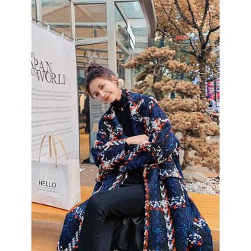 Lecea Alice小香風粗花呢外套2025冬季新款撞色毛呢大衣女中長款