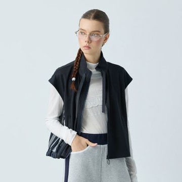 元動力 異材拼接格紋小立領抽繩背心(深藍；S-L)