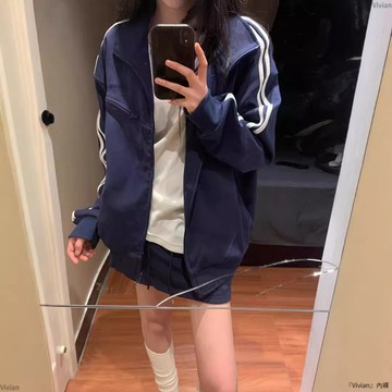 美式高街復古拼接條紋立領衛衣女春秋寬鬆高級感獨特百搭開衫外套