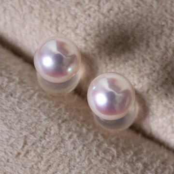 彩凜珠極光耳釘 7.5-10mm日本Akoya珍珠 白透粉天然海水珍珠 18K金基礎款超小耳環