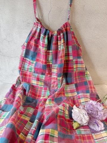 【快速出貨】抽繩後綁帶寬版吊帶連身褲-棉質格紋拚接桃粉色系