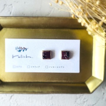 【再販】金繼 酒紅色 美濃燒 磁磚 耳針/耳夾/無耳洞耳夾 天然石 石榴石 草莓晶 酒紅 金色 小巧