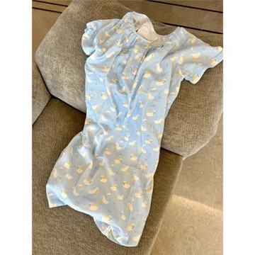 可愛大白鵝印花短袖睡裙少女夏季網紅風大碼連衣裙薄款睡衣裙夏天