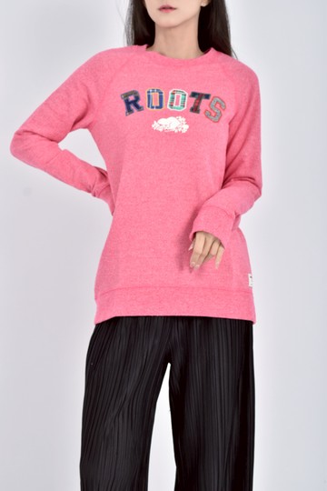 (M) roots質感棉質內刷毛刺繡印花logo粉色長袖上衣