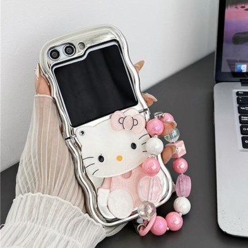 可愛KT貓補妝鏡子適用三星zfilp6手機殼女galaxy z flip5折疊屏zflip4創意波浪邊zflip3軟殼w24flip全包防摔