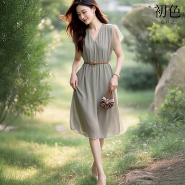 初色 日系氣質收腰V領拼接雪紡飛袖洋裝連衣裙連身洋裝長洋裝-灰綠色-12110(M-2XL可選)
