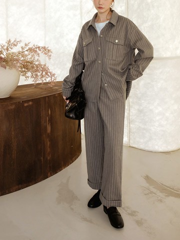 磨毛條紋後鬆緊直筒褲