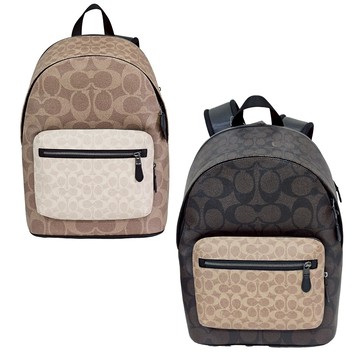 COACH WEST經典撞色印花皮革大容量雙層後背包 /棕拚卡其/卡其拚米白