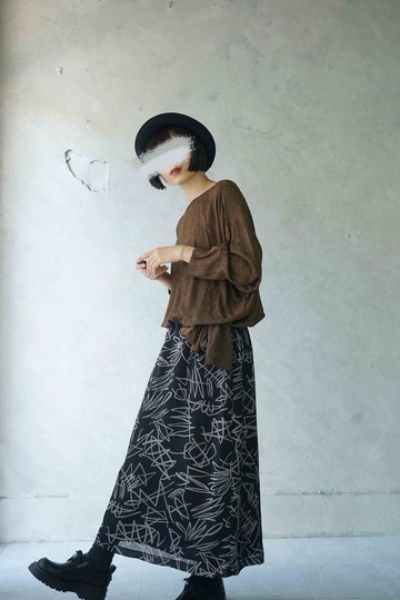 尋寶古著-個性塗鴉印花黑色長裙