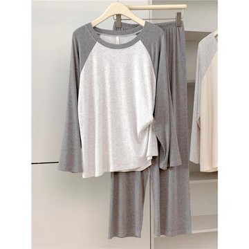 柔軟親膚莫代爾棉圓領長袖長褲睡衣女春秋薄款休閑寬松家居服套裝