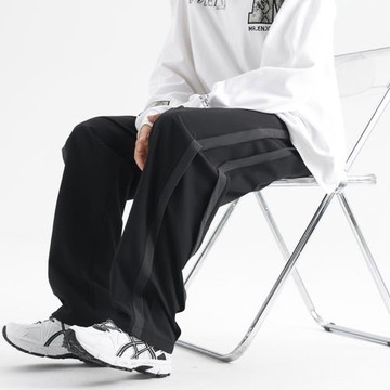 國潮牌黑色拼接運動休閑褲女春季薄款寬松直筒闊腿情侶拖地長褲子