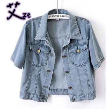 夏秋季新款女裝小個子百搭休閑時尚外搭淺色顯瘦短袖牛仔短外套