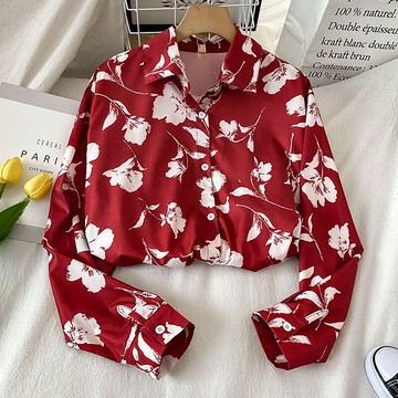 紅色碎花長袖襯衫女新款夏季薄款防曬開衫復古港風疊穿襯衣