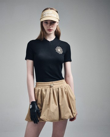 MARDI MERCREDI 拉鍊上衣 黑色 經典小雛菊 高爾夫系列 米白花 RIBBED SLIM FIT ZIP UP TOP