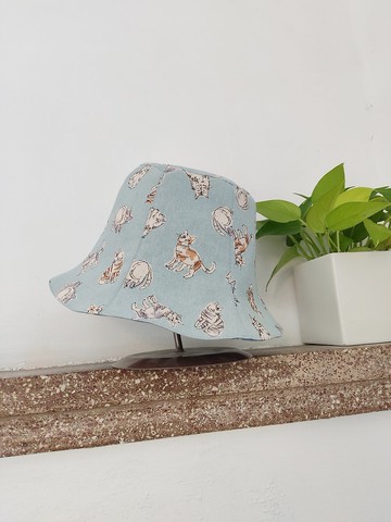 手工雙面漁夫帽/短帽簷/遮陽帽/灰藍色/手繪亂亂貓咪