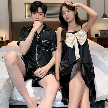 9128 人二次消費🩵情侶睡衣夏季薄款冰絲新款短袖一男一女睡裙吊帶高檔家居服套裝1U56