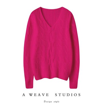 抓人的舒服好看~V領絞花羊絨衫女寬松慵懶風純羊絨毛衣秋冬新款