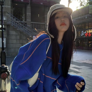 克萊因藍條紋寬松毛衣女秋冬外穿oversize復古慵懶風圓領針織外套