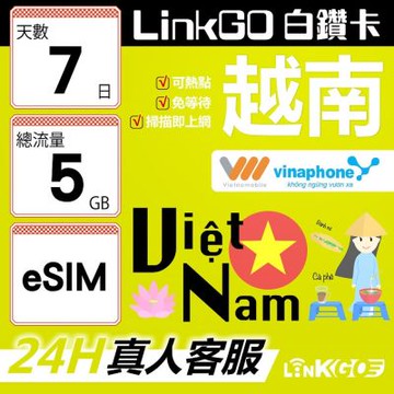 LinkGO白鑽卡 越南 eSIM卡 7天上網卡 總流量5GB 雙電信 高速流量(越南網卡 下龍灣 峴港 胡志明市)