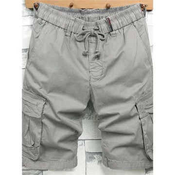 灰色短褲男士夏季寬松直筒休閑純棉五分褲松緊腰多袋工裝運動中褲