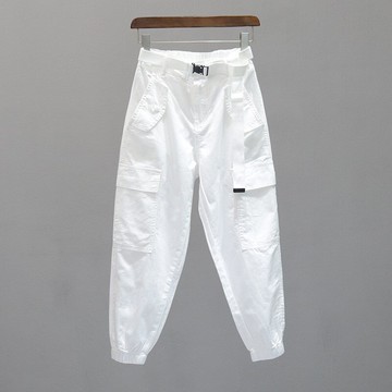 工裝褲白色休閑女春夏多口袋9分寬松顯瘦束腳松緊腰哈倫蘿卜褲潮