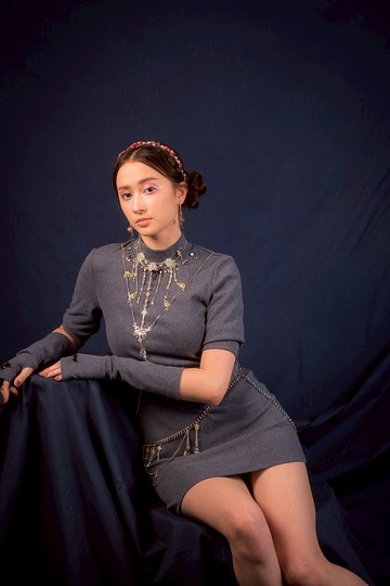 澎袖釘石連衣裙連手袖套 (灰藍/卡其)