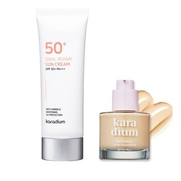 【Karadium】韓國原裝SPF50+PA+++蝸牛修護防曬霜+三重功效遮瑕粉底液 清爽控油防曬粉底組
