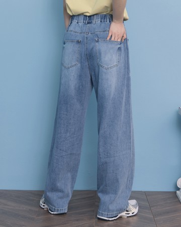 好比例水洗剪接彈性直筒牛仔褲