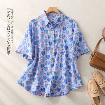 設計感小眾愛心印花短袖襯衫女夏季胖妹妹寬松休閑減齡單排扣襯衣