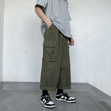 2022春季日系抽繩闊腿褲男士炸街多口袋工裝褲機能寬松九分哈倫褲