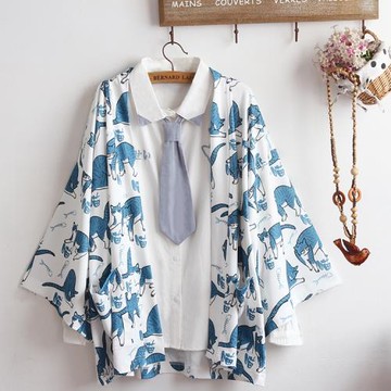 男女通款春秋裝日系學生七分喇叭袖貓咪印花開衫寬松軟妹披肩外套