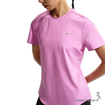 Nike 短袖上衣 女裝 弧形下擺 排汗 反光 桃紅【運動世界】HM9699-503
