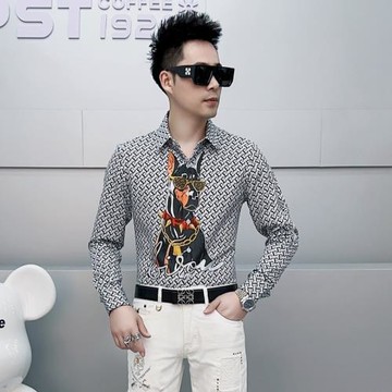 高端潮牌印花燙鉆襯衫男春夏新款花色長袖襯衣男痞帥修身碎花寸衫