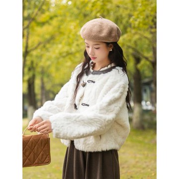 素色左岸設計感拼皮白色短款皮毛一體皮草女秋冬新款加厚毛毛外套